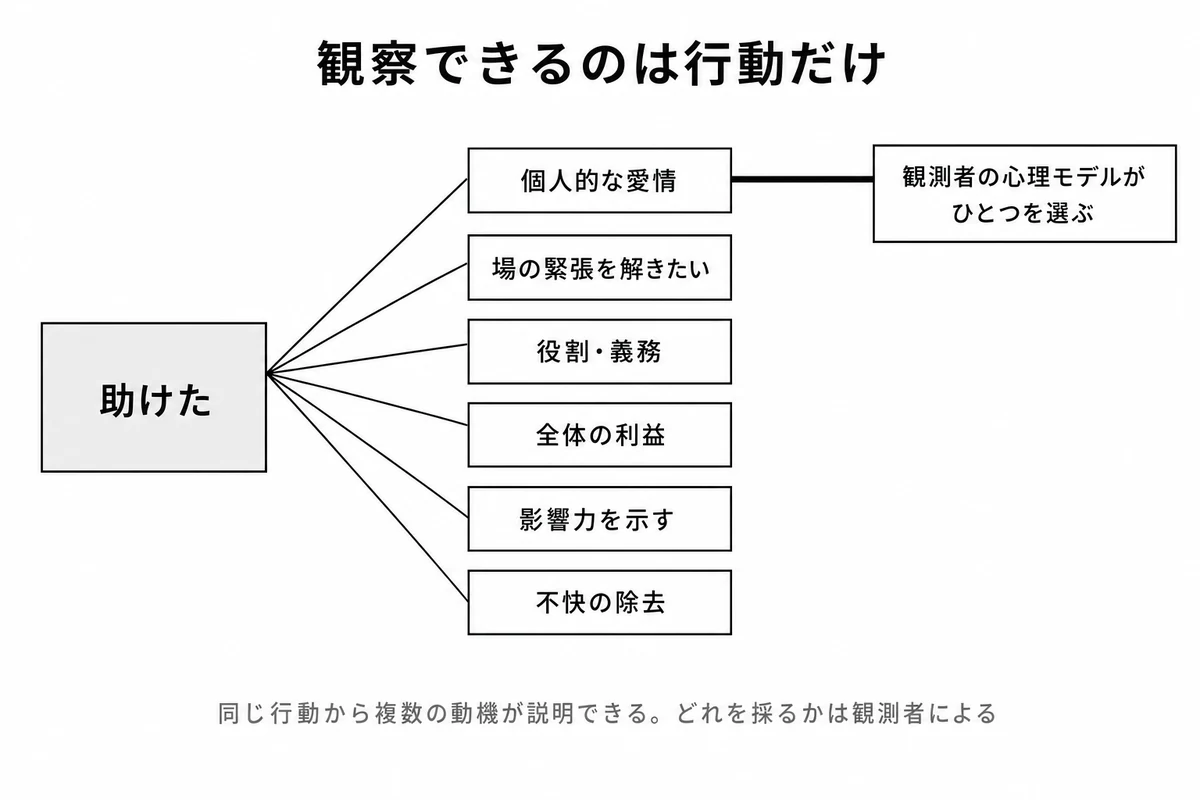 ひとつの行動から複数の動機が説明できる。どれを選ぶかは観測者のモデルによる