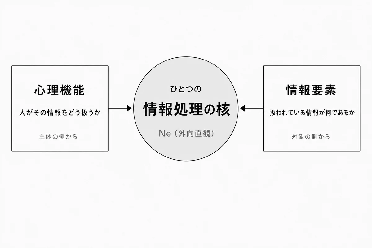 心理機能と情報要素は、ひとつの情報処理の核を主体の側と対象の側から名づけたもの