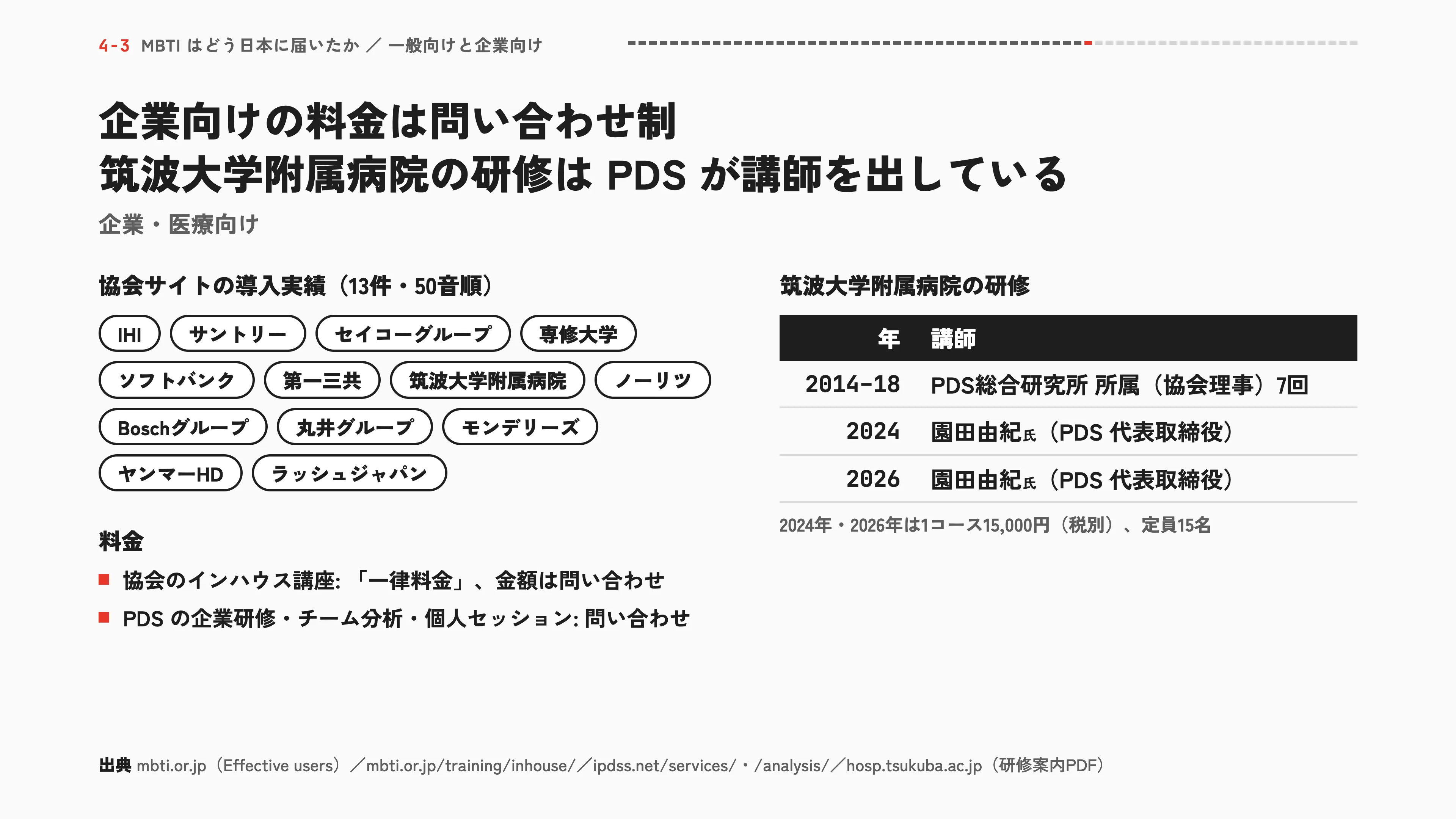 企業向けの料金は問い合わせ制 筑波大学附属病院の研修はPDSが講師を出している